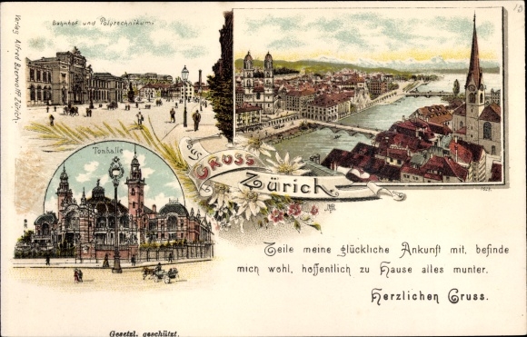 Chromo-Litho Zurich City Switzerland, Railway Station, Polytechnic, Tonhalle