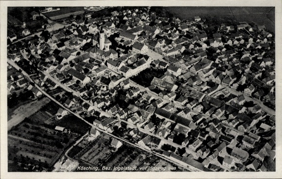 Postcard Kösching in Upper Bavaria, aerial view of the district of Ingolstadt, many roofs, church buildings