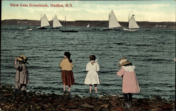 Ak Halifax Nova Scotia Kanada, Blick von Greenbank, Segelboote, kleine Kinder