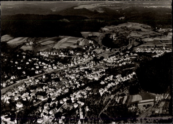 Postcard Lorch in Rheingau Hesse, aerial view of many houses, fields, forest