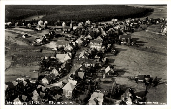 Postcard Masserberg in Thuringia, aerial view of Thuringia, 830 m, rural architecture, trees