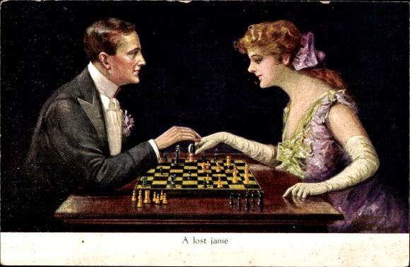 Artist Postcard Gnischaf, Ruab, A game for life, couple playing chess