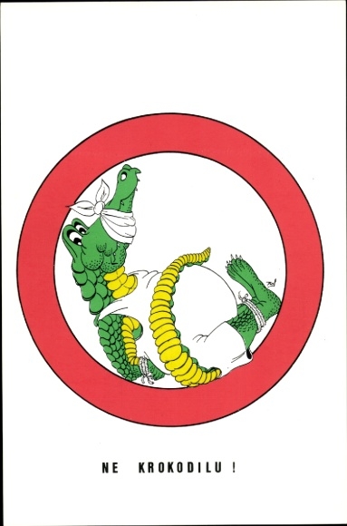 Artist Postcard Bound humanized crocodile in swimsuit, Esperanto