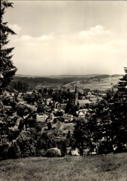 Postcard Rabenau in the Ore Mountains, view of the village, church, rural landscape, forests