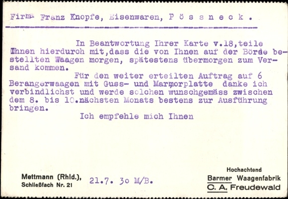 Postcard Mettmann in North Rhine-Westphalia, Barmer Waagenfabrik, CA Freudewald, owner Paul duke