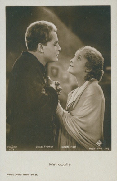 Ak Metropolis, Fritz Lang, Schauspieler Gustav Fröhlich, Brigitte Helm, UFA, Ross