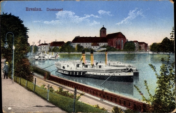 Ak Wrocław Breslau Schlesien, Sandinsel, Dampfer auder Oder, Wyspa Piasek