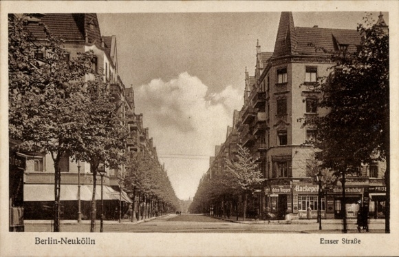 Postcard Berlin Neukölln, Emser Straße, shops