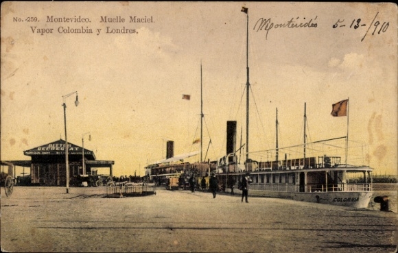 Ak Montevideo Uruguay, Schiff Vapor Colombia, Muelle Maciel,  Hafenansicht, Personen am Kai