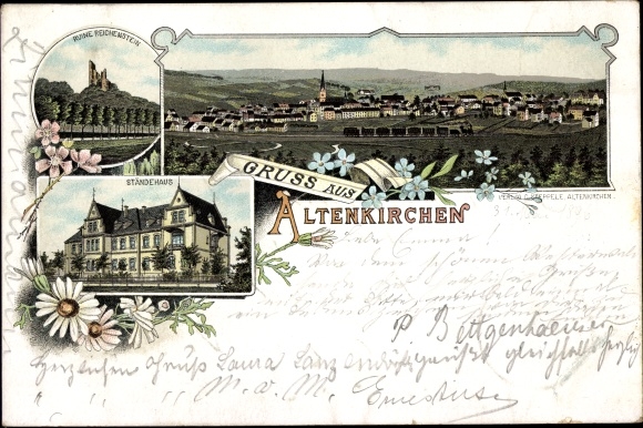 Chromo-Litho of Altenkirchen in the Westerwald, Ständehaus, ruins of Reichenstein, overall view of the town