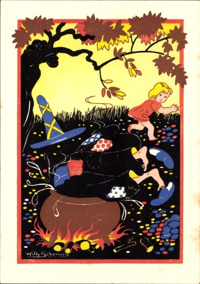 Artist Postcard Schermelé, Willy, Hansel and Gretel, fairy tales, Brothers Grimm, witch