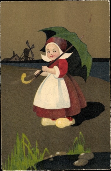 Künstler Ak Mädchen in niederländischer Volkstracht mit Regenschirm, Meissner Buch