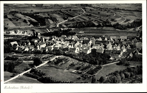 Postcard Bieberehren in Lower Franconia, aerial photograph of Bieberehren, landscape, buildings, fields