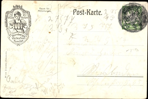 Postwaardestukken kunstenaarskaart Neurenberg in Midden-Franken Beieren, PP 15 D 58/01, volksfeest 1908
