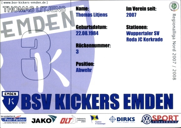 Karta autografu piłkarza Thomasa Litjensa, BSV Kickers Emden, autograf