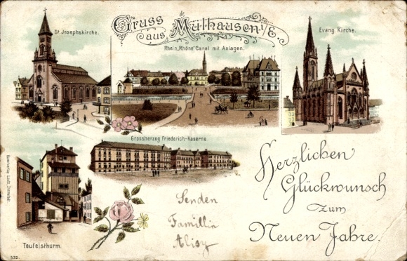 Litho Mulhausen Mühlhausen Elsass Bas Rhin, Rhein Rhone Canal, Großherzog Friedrich Kaserne, Kirche