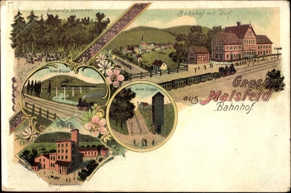Chromo-Litho Malsfeld in Hesse, train station, village, Richard&#39;s grove, high stairs, bridge, manor brewery