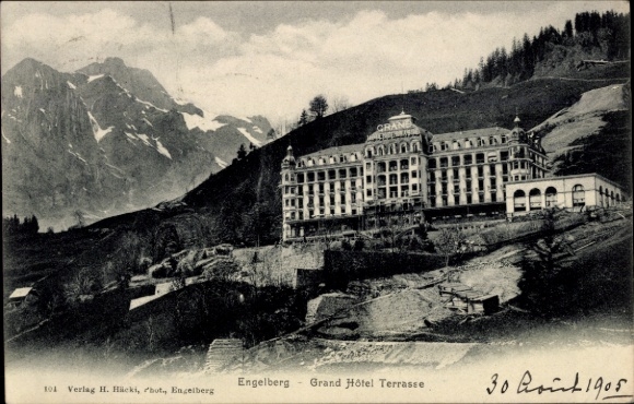 KP Engelberg Kanton Obwalden Szwajcaria, Grand Hôtel Terrasse, góry w tle, wydawca H. Häck