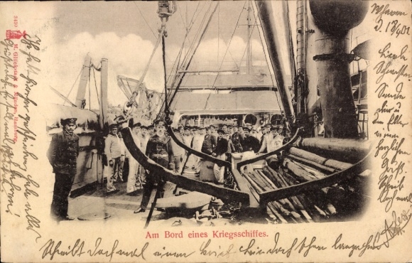 Postcard German warship, marines, on board