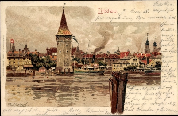 Artist Chromo-Litho Strützel, Otto, Lindau in Lake Constance Swabia, water view to the site, tower