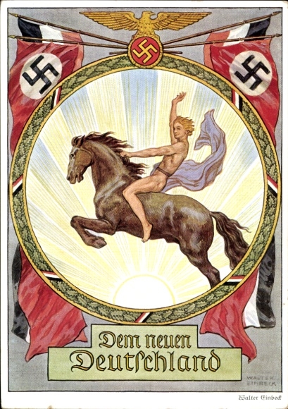 Künstler Ak Einbeck, Walter, Dem neuen Deutschland, Reiter, Flaggen