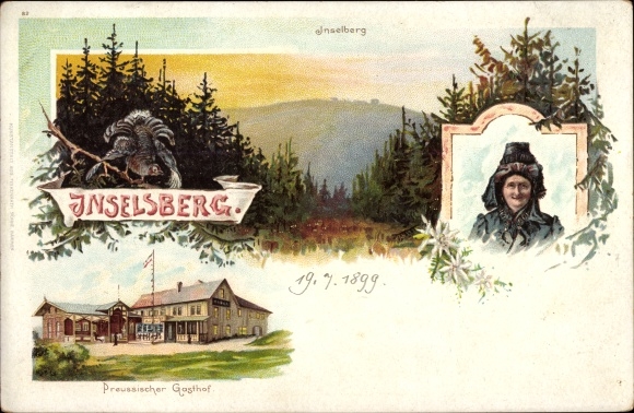 Litho Brotterode in Thüringen, Inselsberg, Frau in Tracht, Preußischer Gasthof, Auerhuhn