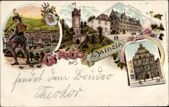 litho Hamelen in Nedersaksen, rattenvanger, huwelijkshuis, Klütturm, rattenvangerhuis
