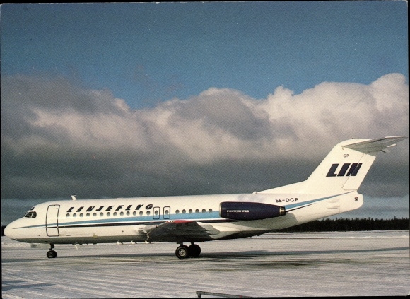 Postcard Swedish passenger plane, LIN airline, Linjeflyg Fokker F-28-4000, SE-DGP