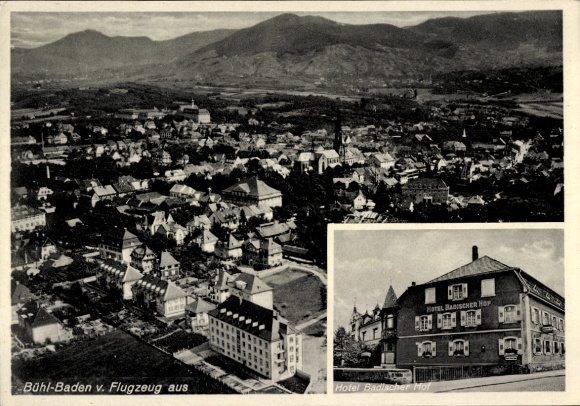 Postcard Bühl in Baden Black Forest, aerial photograph, Hotel Badischer Hof