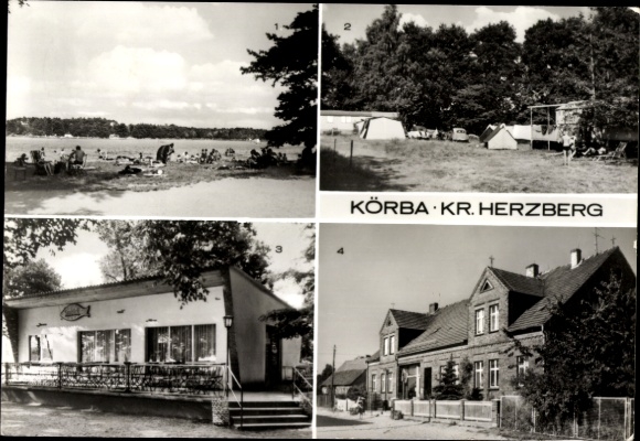 Postcard Körba Lebusa in Brandenburg, campsite, Seeblick restaurant, Konsum sales outlet, Körbaer Lake