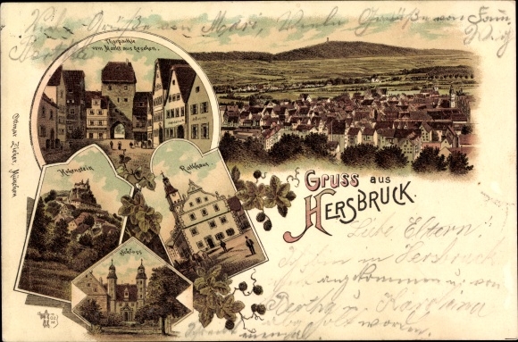 Litho Hersbruck im Nürnberger Land Bayern, Rathaus, Tor vom Markt aus gesehen, Schloss, Hohenstein