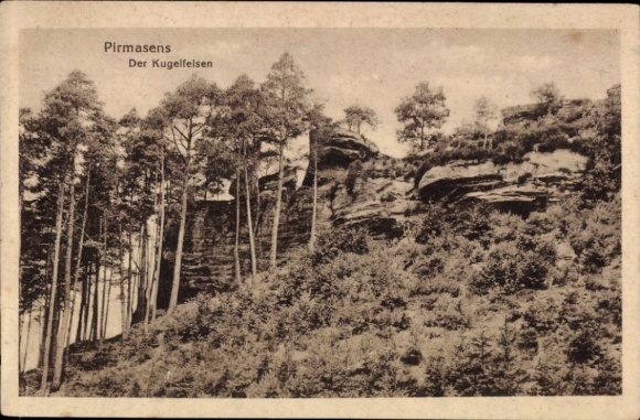Postcard Pirmasens am Pfalzwald, The Kugelfelsen, rocks, trees