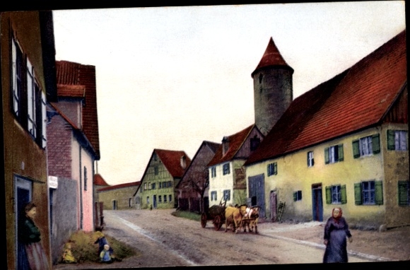 Ak Dinkelsbühl in Mittelfranken, Muckenbrünnlein, Turm, Ochsengespann