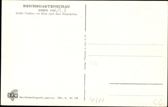 Postcard Essen in the Ruhr area North Rhine Westphalia, Gr. Fountain, Rose Café, Reich Garden Show 1938