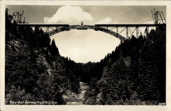 Postcard Echelsbach Bad Bayersoien in Upper Bavaria, construction of the Ammer high bridge, Echelsbacher Bridge