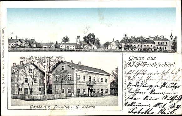 Ak Feldkirchen Westerham Oberbayern, Teilansicht, Gasthaus zum Neuwirth