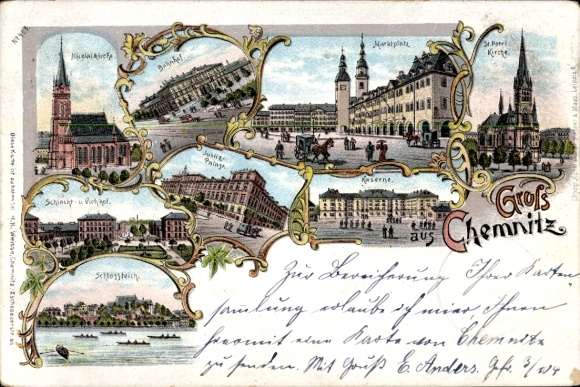 Chromo-Litho Chemnitz in Saxony, St. Nicholas Church, train station, market square, castle, barracks