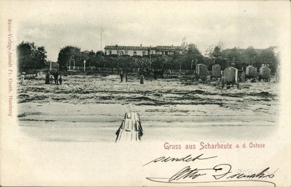 Ak Ostseebad Scharbeutz in Holstein, Strand mit Badekarren in  Menschen am Strand und Meer, Ge...