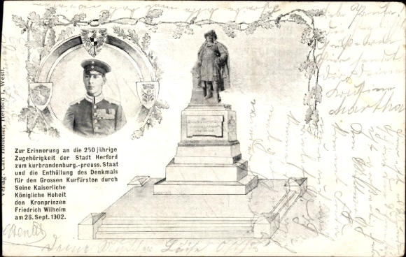Postcard Herford in Westphalia, monument to the Great Elector, Crown Prince Wilhelm of Prussia