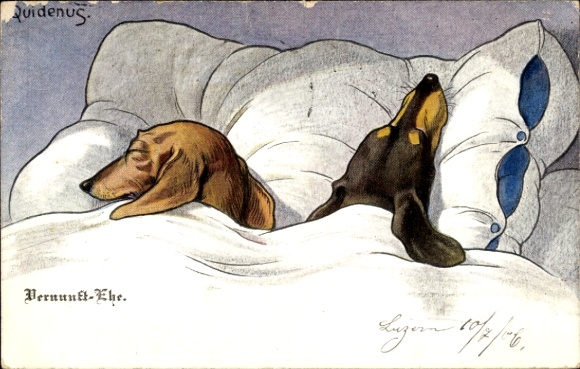 Kunstenaarskaart Quidenus, F., schijnhuwelijk, twee teckels slapend in bed