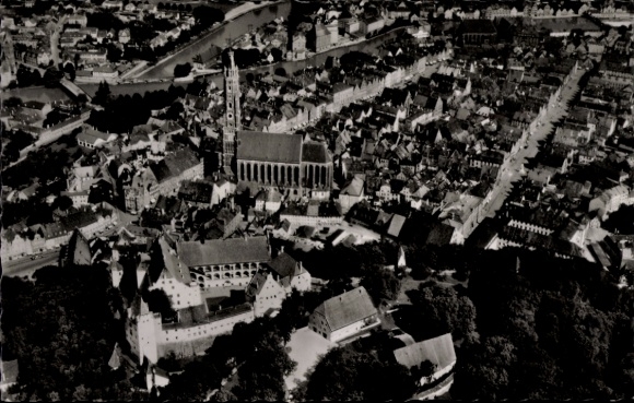 Postcard Landshut in Lower Bavaria, aerial view of churches and old town, rivers