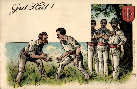 Artist Postcard Gut Heil, wrestlers in preparation, gymnastics association