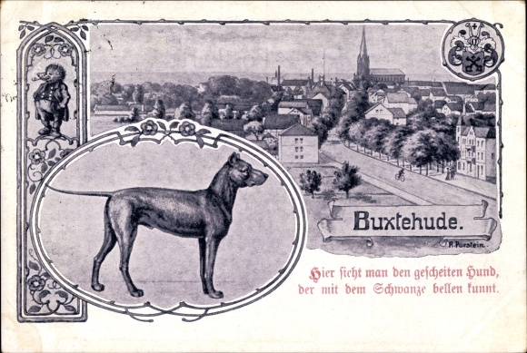 Wappen Künstler Ak Porstein, R., Buxtehude im Kreis Stade, Blick auf den Ort, Hund, Igel, Kirche