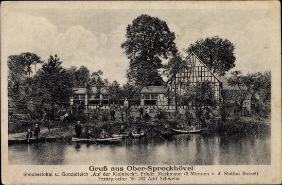 Postcard Ober Sprockhövel in the Ennepe Ruhr district, summer bar and gondola pond Kleinbeck, owner F. Muthmann