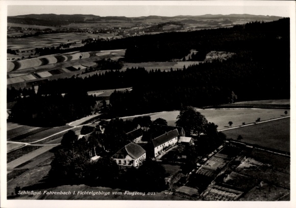 Postcard Fahrenbach Tröstau in the Fichtelgebirge, view from the airplane, Schlossgut Fahrenbach, landscape