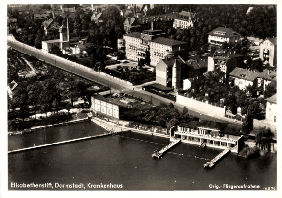 Postcard Darmstadt in Hessen, aerial photograph, Elisabethenstift, hospital