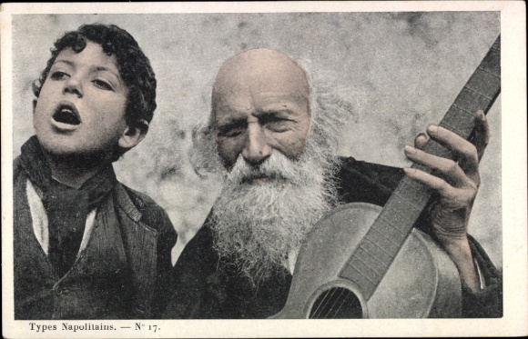 Postcard Types Napolitains, old man with guitar, boy