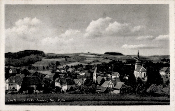 Postcard Eckenhagen in the Oberbergischer Kreis, climatic health resort near Cologne, village view, church building, land...