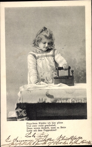 Postcard young girl with an iron, &quot;I&#39;ll flatten doll&#39;s clothes here, and really quickly...&quot;