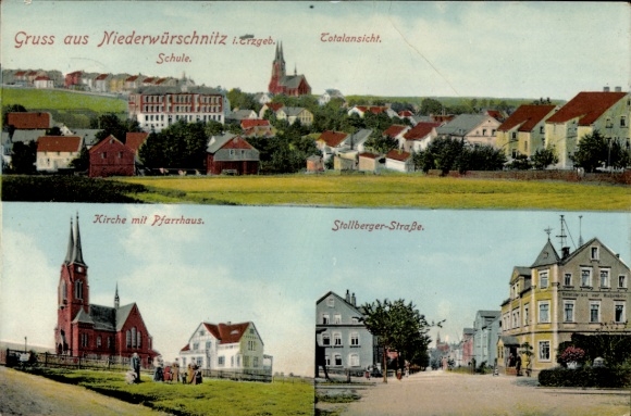 Postcard Niederwürschnitz in the Ore Mountains Saxony, total view, church, rectory, Stollberger Straße